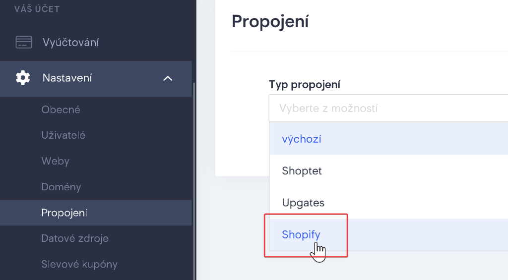 Výběr položky Shopify ve formuláři Propojení v nastavení Boldem.