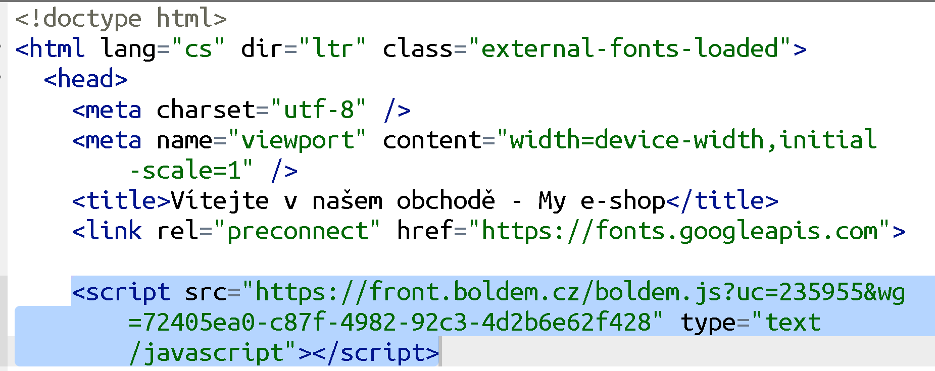 Code sample and its placement in the HTML page header.