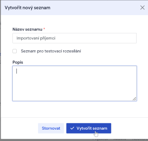 Dialog vytvořit nový seznam v Boldem