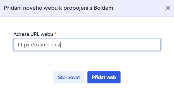 Zadání údajů při přidávání webu v aplikaci Boldem.