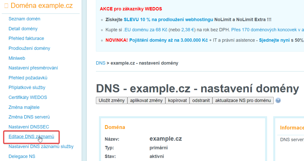 editace DNS záznamů