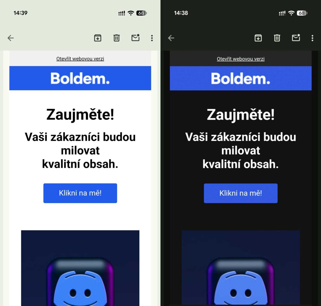 Ukázka Partial Color Invert v Gmailu na dark mode