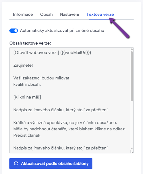 Pole Textová Verze v editoru v aplikaci Boldem